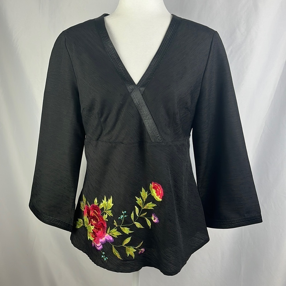 Carole Little 100% Silk Embroidered Floral Kimono Sleeve Tunic Top Womens Size L